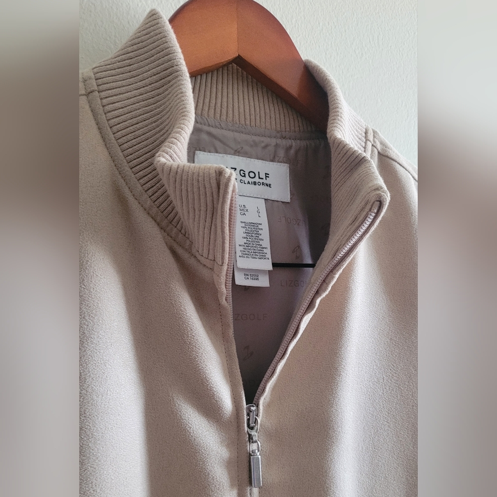 LizGolf suede full zip ribbed collar lined outdoor vest Women's L tan colored - Picture 2 of 9
